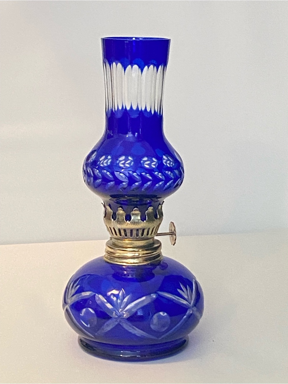 Cobalt Blue Glass Cut-to-Clear Oil Lamp 7" Miniature Boho Cottage Fairy